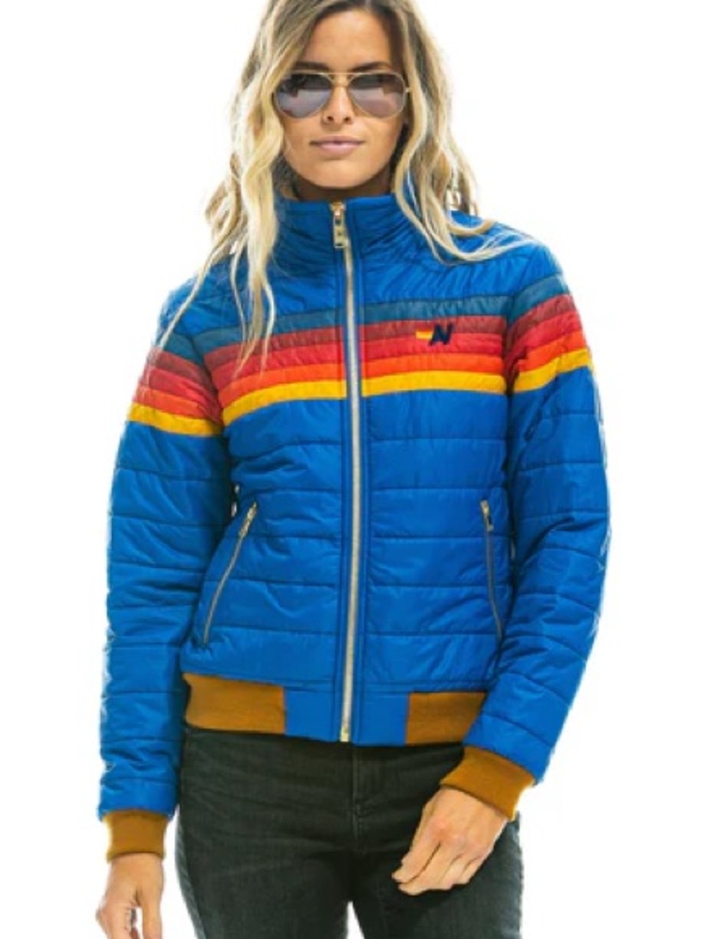 Aviator Nation Blue Quilted Stripe Puffer Jacket